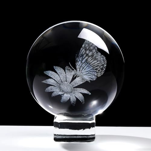 Figura de mariposa grabada con forma de bola Crstal de 6 cm, pisapapeles coleccionable con soporte, cristal de 6 cm, adorno de esfera de mariposa para mujeres, hombres, amigos y mun