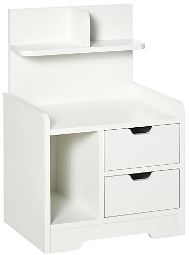 HOMCOM Table de Chevet Multi-Rangemen Table de Nuit 2 Tiroirs Niche Blanc