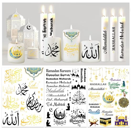 DPKOW 6 Blatt Eid Kerzentattoos Ramadan Deko Eid Ramadan Wasserschiebefolie Kerzen Ramadan Tischdeko Eid Mubarak Kerzensticker Mashallah Bismillah Alhamdulillah Kerzen Tattoo DIY Eid Ramadan Geschenke