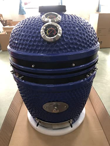 YNNI KAMADO TQTT18BU TQTT18BU – Grand ensemble Kamado – Barbecue de 45,7 cm – Thermomètre double bleu avec distributeur de frites, divide and conquer, couvercle, thermomètre numérique, céramique, œuf,