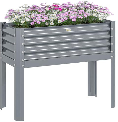 Outsunny Upphöjd planteringslåda, drivbänk av stål, örtbädd, planteringslåda för trädgård, balkong, grå, 100 x 45 x 80 cm