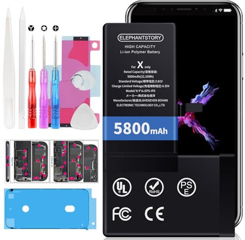 Elephantstory Akku für iPhone X, 5800 mAh Hohe Kapazität Interner Ersatzakku 0 Zyklen Li-ion Polymer Akku mit Reparatur Werkzeugsatz und Anleitung Buch