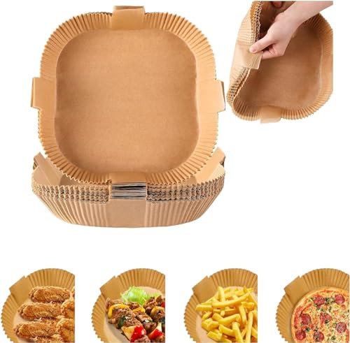 100-Pack Air Fryer Liners – Unbleached Brown Parchment Paper Greaseproof and Waterproof Disposable Baking Paper Sheets Square Non-Stick Liners for Air Fryer Baskets & Ovens by The Fusion Square