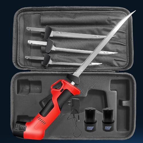 aromaoveite Couteau à Filet éLectrique Pour Poisson/PêChe,Couteaux à Filet - 4 Couteaux éLectriques Avec Lames Alternatives AntiadhéSives + 2 Batteries Li-Ion Rechargeables + éTui De Transport,Red