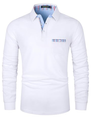 KUNJLELP Poloshirt Herren Langarm Männer Hemd Baumwolle mit Tasche Regular Golf T-Shirts,M,Weiß-37