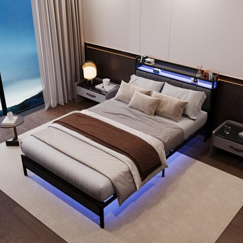 Airfish Moderner Metall-Bettrahmen 140x215 cm Doppelbett mit LED-Beleuchtung, Kopfteil aus Holzlatten, einfache Montage, mit Stauraum, schwarz - Ideal für Schlafzimmer und Gästezimmer