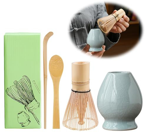 WIYETY Ensemble de 4 Balais à Matcha Avec 2 Cuillères et Support Pour la Cérémonie du Thé Japonaise Traditionnelle