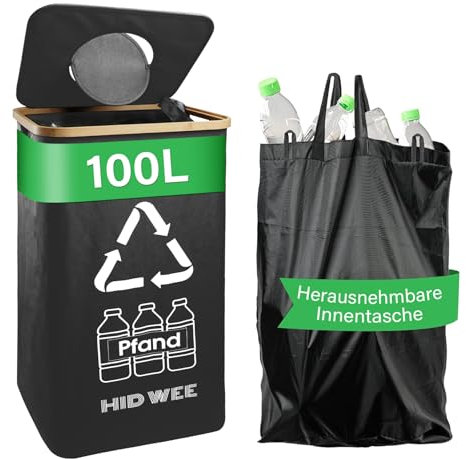 100L Pfandflaschen Sammelbehälter mit Deckel, Groß Pfandflaschen Aufbewahrung mit Tragetasche, Behälter Leergut & Altglas Aufbewahrung, Flaschensammler mit Loch Küche Abstellraum Flaschentasche