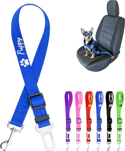 Personalisierte Hundegurt Auto, Gestickt Anschnallgurt Hund Auto, Hundeanschnaller Fürs Auto Einstellbar 36-65cm Hunde Anschnallgurt Auto Für Welpen Und Kleine Hunde (Blau)