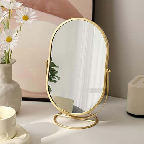 Hosoncovy Metal Frame Desktop Mirror with Stand Oval Dressing Table Tabletop Makeup Cosmetic Single Sided Full Length Mirror for Bathroom Bedroom (Gold)