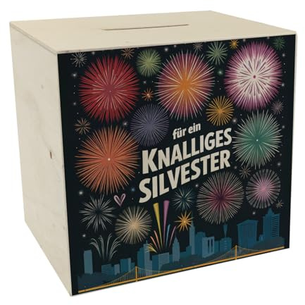 Feuerwerke Silvester Spardose aus Holz - Knalliges Silvester Farbenfrohe Feuerwerk-Illustration mit Skyline Raketen Festlich für einen knalligen Start ins Neue Jahr