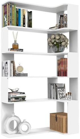 Lvhecforhm Bücherregal, Eckbücherregal mit 5 Ebenen, Standregal, Büroregal, Freistehend Dekoregal, zur Präsentation, Raumteiler für Wohnzimmer, Schlafzimmer, Büro, Weiß 90x48x169cm Offenes Bücherregal