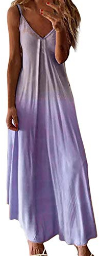 Robe d'été bohème pour femme - Col en V - Robe aérée - Dégradé de couleurs - Robe longue sans manches - Robe de plage sexy à bretelles spaghetti - Robe de loisirs - Ligne A - Robe swing, lilas, XXL
