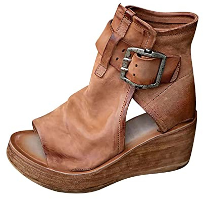 High-top Wedge Sandals for Women, UK Sale Clearance Roman Short Boots Mid Chunky Heels Sandal with Ankle Strap Footwear , Ladies Open Toe Blocked Strappy Boot Slip On Wedge Sliders Comfy Shoes