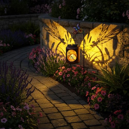 Solar Lanterns Outdoor Waterproof Metal Dragonfly Patterns with Resin Dragonfly Inside Garden Decor Gifts for Women Mom Grandma Hanging Solar Lights Decoration Outside for Yard, Patio, Backyard, Porch