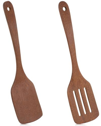 QFGasre Lot de 2 spatules en bois, spatule plate à long manche en bois, spatule solide et spatule ajourée pour poêles antiadhésives, cuillères en bois faites à la main, ensemble d'ustensiles de
