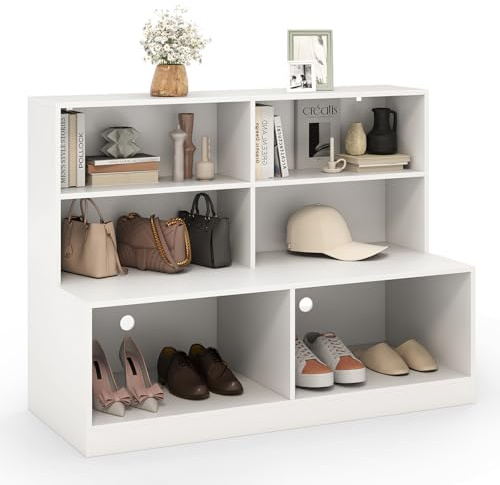 COSTWAY Shoe Bench, 6 Compartments Wooden Shoe Rack Stand, 2-in-1 Cube Storage Cabinet with Shoes Seat Shelf Organizer Unit for Hallway, Entryway and Living Room, 120x50x90cm, White