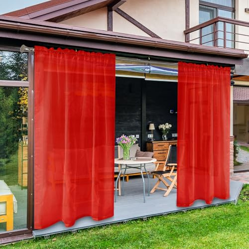 SpaceDresser Wasserdichte, durchsichtige Vorhänge für den Außenbereich, 2 Paneele mit Stangentaschen, für den Innenbereich, Voile, durchscheinender Vorhang für Wohnzimmer, 132 x 213 cm, Rot