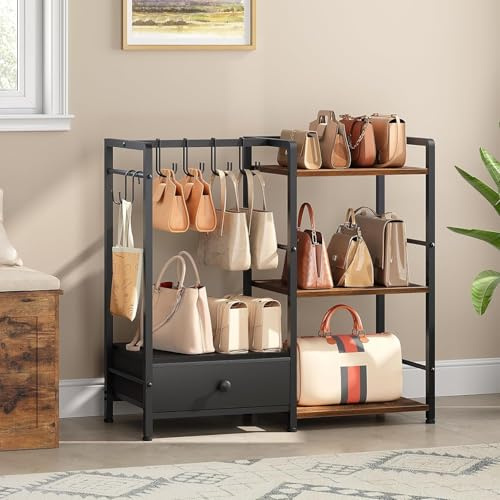 HOOBRO Scaffale da Appendere a 3 Ripiani con Cassetto e 6 Ganci, Confezione per Borse, Organizer per Armadio, Porta Portafogli da Terra per Ingresso, Camera da Letto, Nero e Marrone Vintage EBF28CJ01