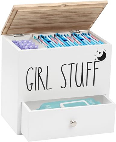 Tampon Aufbewahrung für Badezimmer, Feminine Products Organizer mit Deckel, Tampon Box mit 2 Fächer und Schublade, Tamponhalter für das Badezimmer (Weiß)