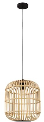 EGLO Pendelleuchte Bordesley, 1 flammige Hängelampe Vintage, Natur, Boho | Hygge, Hängeleuchte Stahl in Schwarz und Holz in Naturfarben, Esstischlampe, Wohnzimmerlampe hängend mit E27 Fassung, Ø 34 cm