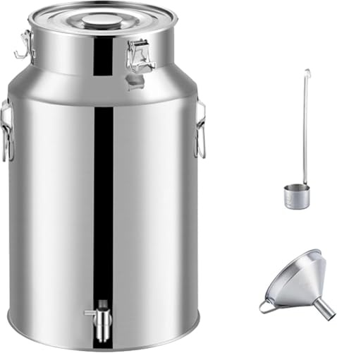 Stainless Steel Milk Churn Jug with Spigot Dispenser - Sealed Container for Wine, Milk, Cream Transportation, Includes Funnel and Spoon