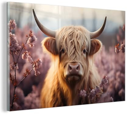 MuchoWow© Glasbild Wall Art Decoration Bilder für die Wand Schlafzimmer | 60x40 cm - Deko Canvas Painting Wanddekoration Wohnzimmer Schottisches Hochlandrind - Blumen - Tierporträt - Tier