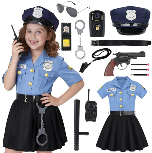 Polizei Kostüm für Mädchen - Komplettset 11-teilig mit Kleid, Mütze, Funkgerät & echtem Spielzeug - Rollenspiel Verkleidung 3-10 für Faschingskostüme Karneval Halloween Verkleidun Kinder 130cm