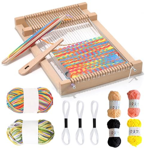 Qcdou Telaio per Bambini, Kit Telaio per Tessitura per età 6-12, 19x29 cm, con Lana Colorata, Bastone da Tessitura, Pettine, Ago da Tessitura in Legno per Principianti e Bambini