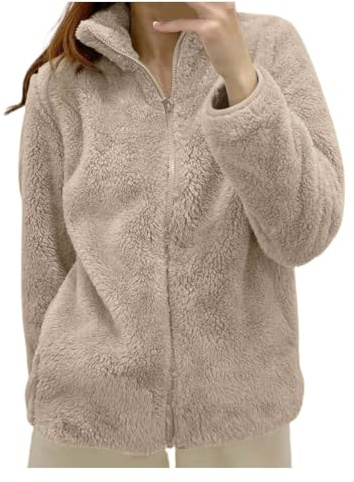 Teddyjacke Damen Teddy Fleecejacke Jacke,Teddyjacke Damen Winter Teddyfleece Jacke Winterjacke Thermal Warm Teddy Wintermantel Fleecejacke Flauschig Plüschjacke Outdoor Fleecemantel Khaki M