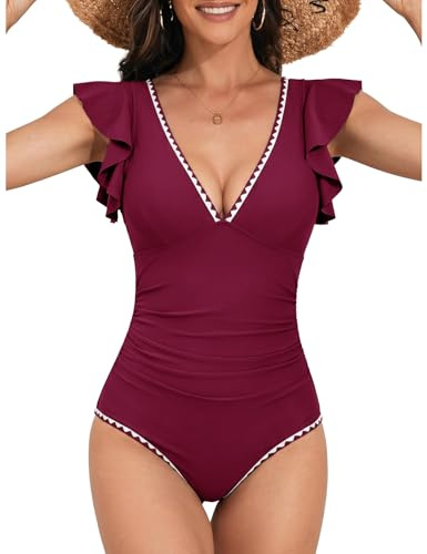 Nadeer Baddräkt för kvinnor, 1 st, magkontroll, platt hals, volanger, rygglös, sexig, push up, färgblock, monokini, baddräkt, strandpool, Lila röd, XL