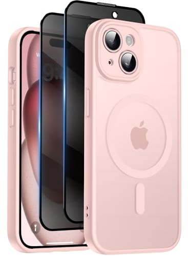 Qasyfanc für iPhone 15 Hülle Sichtschutz Schutzfolie, Rosa | Magnetisch Handyhülle Matt Hard PC Kratzfest Stoßfest Transluzente Schutzhülle