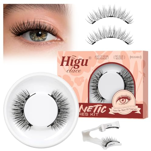 Higu clace Pestañas magnéticas con aplicador, Aspecto natural, No necesita pegamento(Lash N2)