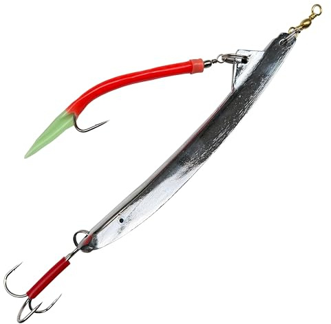 Mega Fishing MF Bergmann Pilker mit Fluo Gummi-Makk BLEIFREI - Taumelpilker Bananenpilker - Norwegen Meeres Köder Dorschköder 200 bis 500g