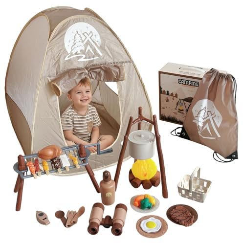 Juego de Camping para niños 34 Uds. Juguetes de simulación para Acampar para niños con Tienda de campaña Parrilla giratoria y fogata para Juego imaginativo para 3-5