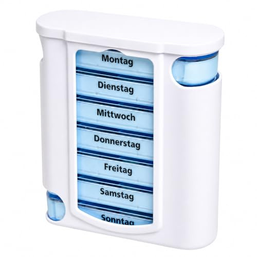 Pillenbox 7 Tage 4 Fächer täglich, Tablettenbox Wochenplaner mit herausnehmbaren Tagesboxen, Medikamentenbox für Morgen Mittag Abend Nacht, tragbarer Pillen Organizer, Weiß Blau