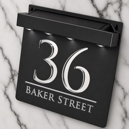 K Smart Sign | Bellissima S1 LED F32 | Square Solar Light House Signs Door Number Plaques With LED Personalised Name Address Sign For Wall With Classic Text (Matt Black & Silver Mirror)
