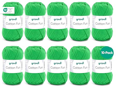 Gründl Wolle Cotton Fun Häkelgarn 10 Knäuel 50 g, Froschgrün | Wolle zum Häkeln - Strickgarn - Häkelgarn - Pflegeleicht und hautfreundlich - 100 % Baumwolle - 50 g / 115 m - Nadelstärke 3