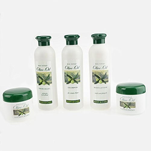 Set per la cura dell’olio d'oliva, 5 pezzi, shampoo, lozione e gel doccia in confezione regalo