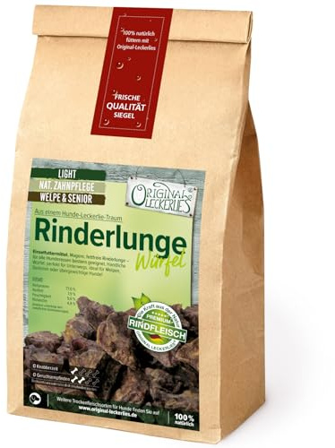ORIGINAL LECKERLIES® Rinderlunge 500g, Kauartikel, Kausnack, Würfel, Trainingssnack, Leckerlie, Naturprodukt für Hunde, fettarm, barfen