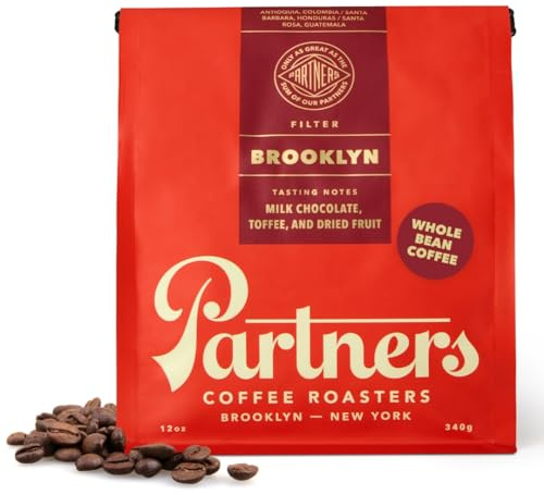 PARTNERS COFFEE ROASTERS - Whole Bean Coffee (Brooklyn - Medium Roast) 12oz - Versatile & Delicious Daily Brew - Milk Chocolate, Toffee, Dried Fruit - Whole Coffee Beans - Roasted in New York City