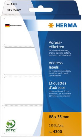 HERMA Adressetikett, Schreibmaschine, leporello, selbstklebend, 88 x 35 mm, weiß (250 Stück), Sie erhalten 1 Packung á 250 Stück