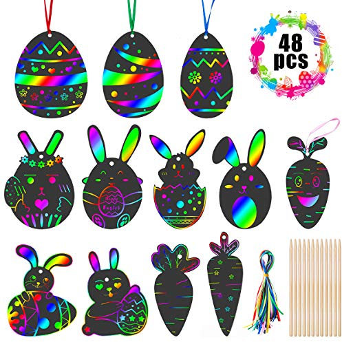 48 Stuck Ostern Kratzbilder für Kinder, Regenbogen Kratzpapier zum Basteln mit Schablonen, Holzstiften für Erwachsene Jungen Mädchen DIY