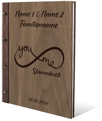 Personalisiertes Stammbuch Nussbaum Holz Gravur individuell Holzcover mit Echtleder Rücken und Extras Stammbuchformat hoch 175 x 220 mm - You & Me