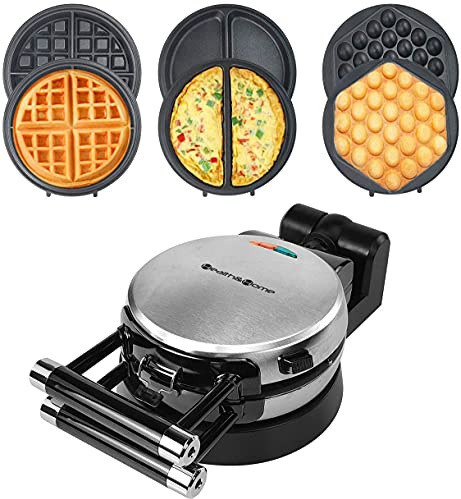 Health and Home 3-in-1 Waffle, Omelet, Egg Waffle Maker, 3 Removable Nonstick Baking Plates, Upgraded 360 Rotating Belgian Maker