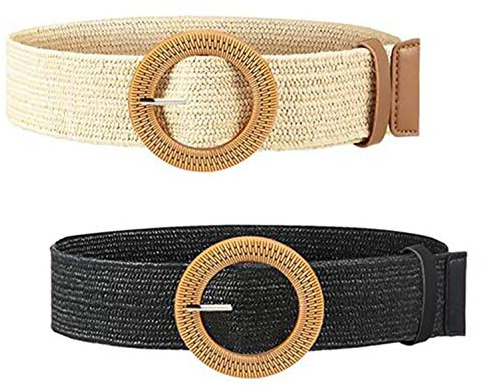XLKJ 2 Stück Stroh Gewebt Taille Gürtel, Elastische Stretch Frauen Flechtgürtel mit Holz Stil Schnalle
