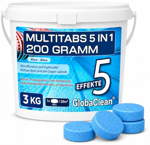 GlobaClean Multitabs für Pool 5 in 1 (Blue Edition) – 3kg (15 Tabs) – Chlortabletten für Pool 200g – Ohne Borsäure – Made in Europe für maximale Wasser-Brillanz