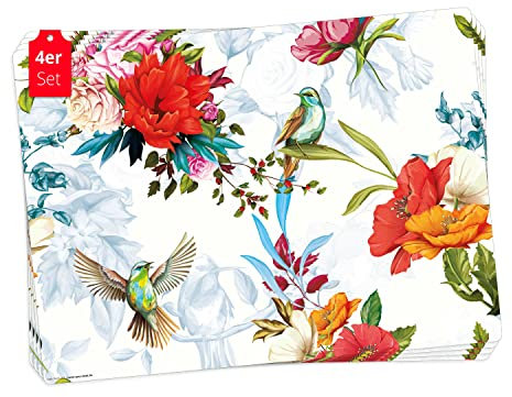 Tischset | Platzset abwaschbar - Bunte Kolibris mit Wildblumen - aus erstklassigem Vinyl (Kunststoff - BPA-frei) - 4 Stück - rutschfeste Tischunterlage - Tischmatte - Made in Germany