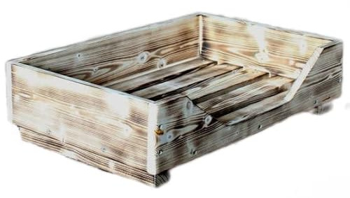 Dekorie Hundebett aus Holz für kleine/mittlere/große Hunde - 60-110 x 40-60 cm - Farbe: geflammt - Hundekorb/Hundesofa/Katzenbett aus Massivholz (L)