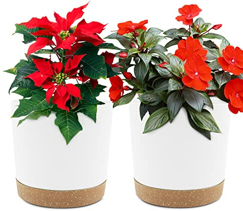 QCQHDU Bumentöpfe 2er Pack 16,5cm,Bumentöpfe für Zimmerpflanzen mit Entwässerungslöchern und abnehmbarem Boden,Untersetzer Modern Dekorativ für Garten Pflanzgefäße(Weiß 16,5cm